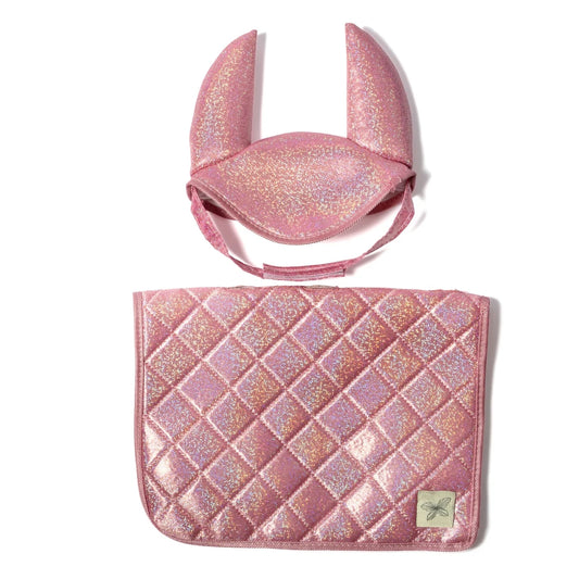 Zadeldekje en Mutsje roze voor stokpaard